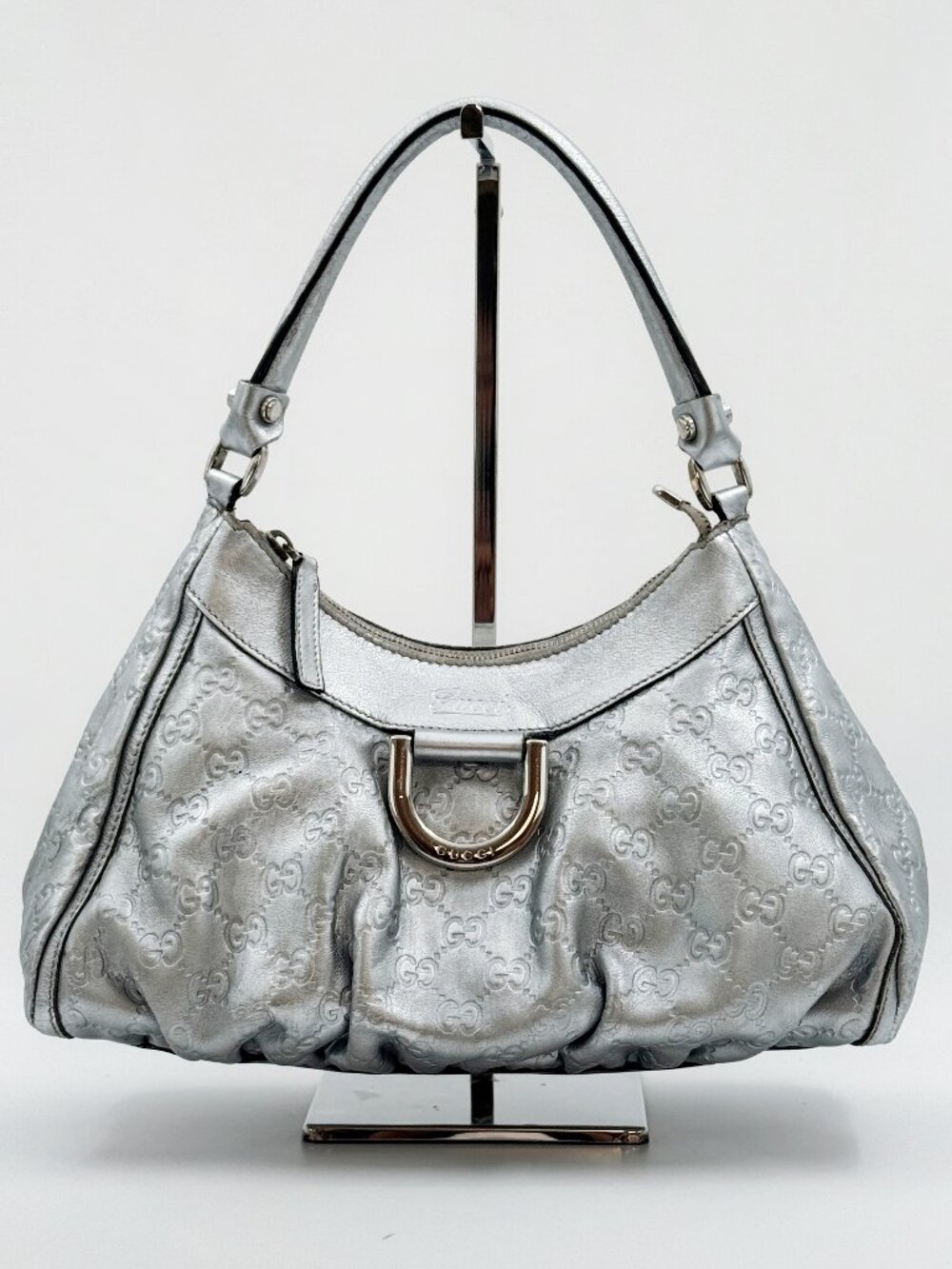 Gucci Abbey D-Ring Hobo Bag Silver Metallic Guccissima GG Leather